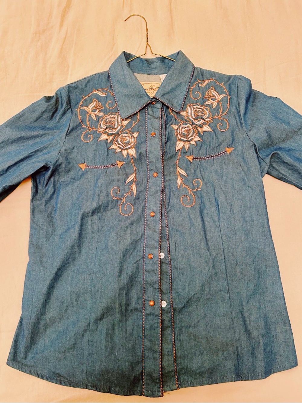 Embroidered Denim Button-Down Shirt - Blue